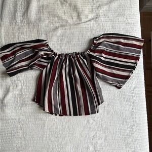 Fashion Nova Striped Off-Shoulder Top in Burgundy, Black, White, Red, Burgundy